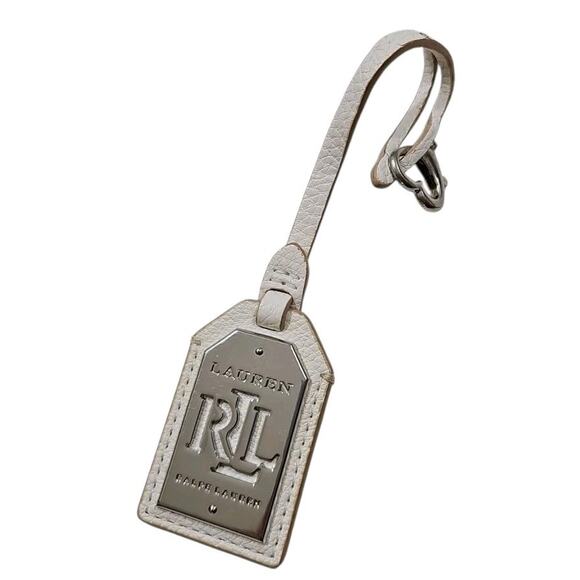 Lauren Ralph Lauren Silver Tone Metal Embossed Hang Tag Charm Key White Leather. - Picture 1 of 8